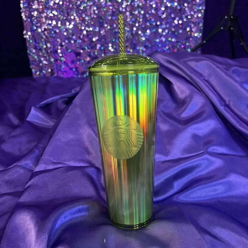 Starbucks Venti 24oz Cold Cup Summer 2023 Tumbler Neon Green Iridescent Dome Lid
